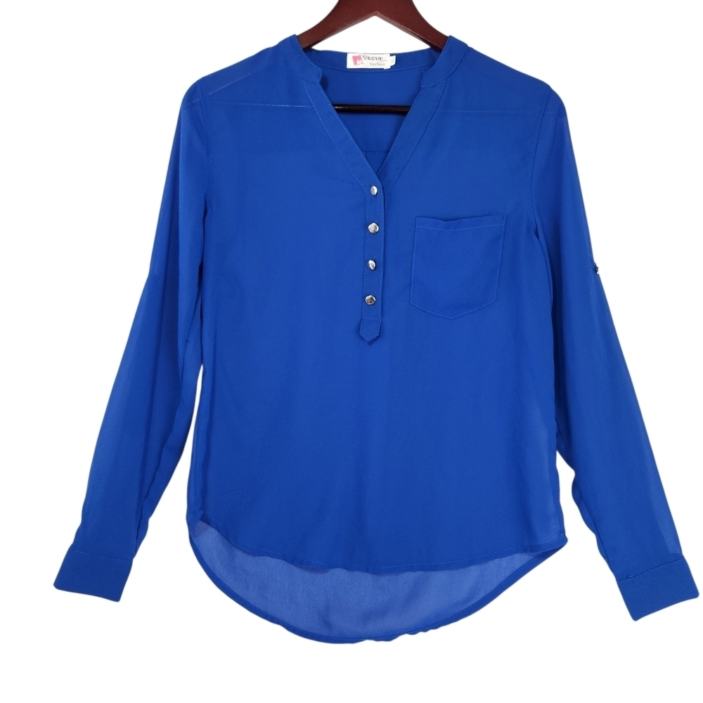 Royal Blue Sheer V-Neck Blouse with Silver Buttons Women's Blue Button-Up Blouse